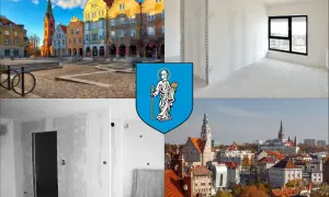Olsztyn: Rynek, wnętrza w remoncie, panorama miasta i herb.