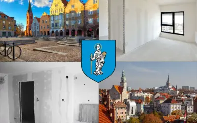 Olsztyn: Rynek, wnętrza w remoncie, panorama miasta i herb.