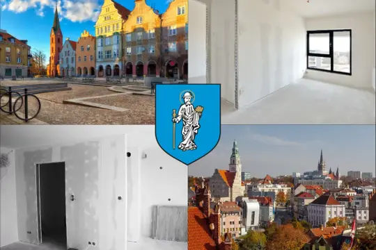 Olsztyn: Rynek, wnętrza w remoncie, panorama miasta i herb.