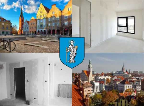 Olsztyn: Rynek, wnętrza w remoncie, panorama miasta i herb.